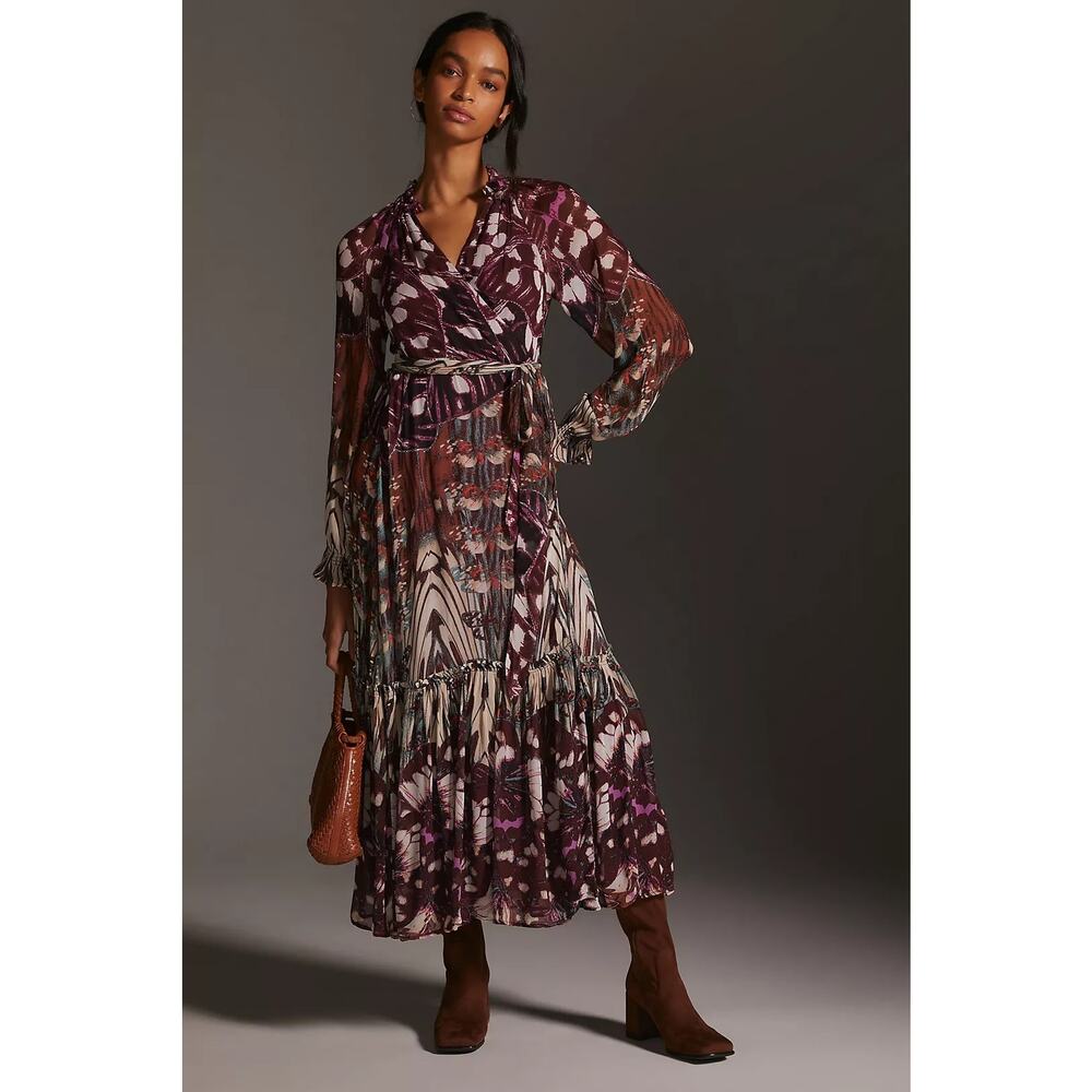 By Anthropologie Womens Long Sleeve Artsy Midi Wrap Dress S Petite Floral Ruffle